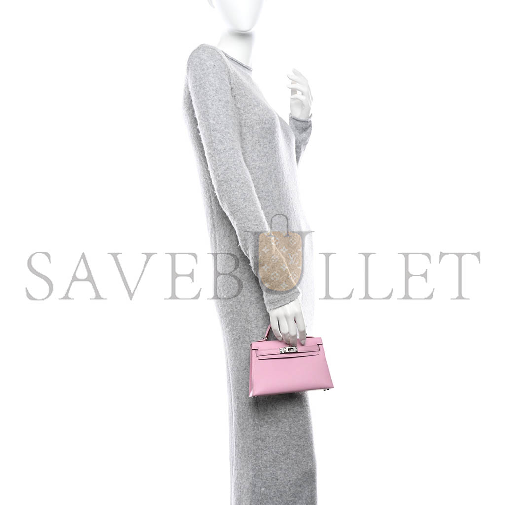 HERMÈS EPSOM MINI KELLY II CHERRY BLOSSOM PINK SILVER BUCKLE (19*12*5.5cm)